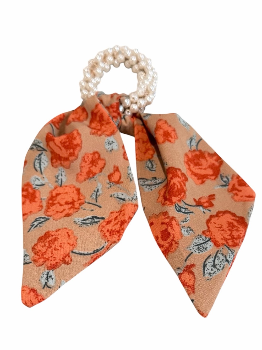 Pearl Hair Tie with Tan Floral Scarf New